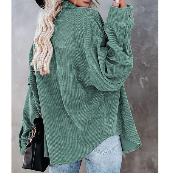 Green Button Down Shirt Women Long Sleeve Fall Top Corduroy - Picture 2 of 3